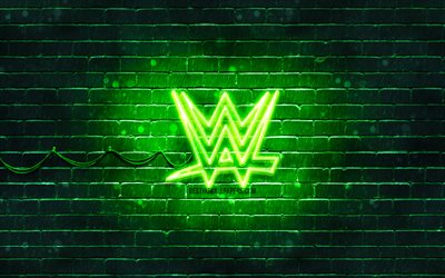 WWEグリーンロゴ, 4k, 緑のレンガの壁, 世界レスリングエンターテイメント, WWEロゴ, ブランド, WWEネオンロゴ, WWE