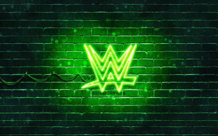 WWE green logo, 4k, green brickwall, World Wrestling Entertainment, WWE logo, brands, WWE neon logo, WWE