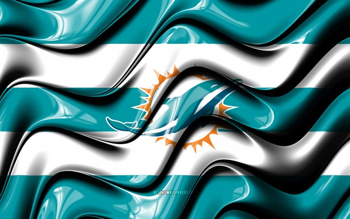 Miami Dolphins bayrağı, 4k, mavi ve beyaz 3D dalgalar, NFL, amerikan futbol takımı, Miami Dolphins logosu, amerikan futbolu, Miami Dolphins