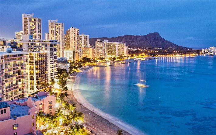 Honolulu, Oceano Pacifico, costa, spiagge di Honolulu, Pearl Harbor, panorama di Honolulu, paesaggio urbano di Honolulu, Hawaii, Stati Uniti d&#39;America