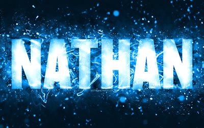 Happy Birthday Nathan, 4k, blue neon lights, Nathan name, creative, Nathan Happy Birthday, Nathan Birthday, popular american male names, picture with Nathan name, Nathan