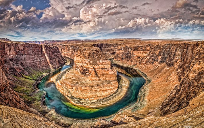 Horseshoe Bend, Colorado River, HDR, Arizona, orange rocks, mountain river, canyon, USA