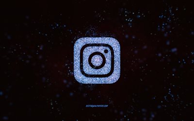 Instagramのキラキラロゴ, 黒の背景, Instagramのロゴ, ブルーキラキラアート, Instagram, クリエイティブアート, Instagramの青いキラキラロゴ
