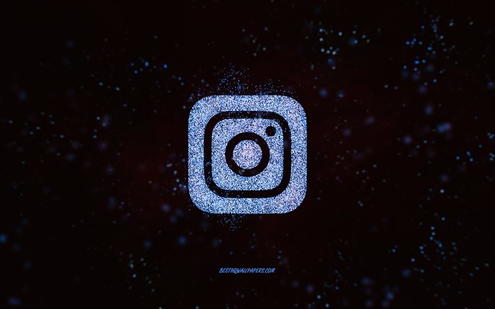 Instagram glitter logotyp, svart bakgrund, Instagram logotyp, bl&#229; glitter konst, Instagram, kreativ konst, Instagram bl&#229; glitter logotyp
