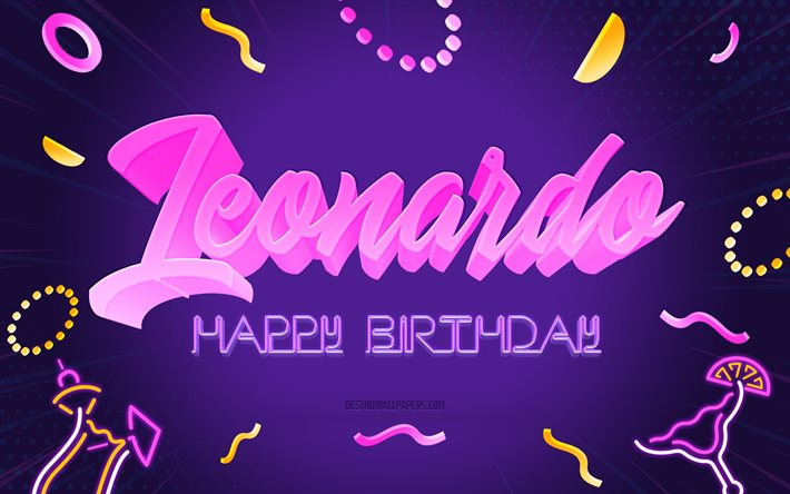 お誕生日おめでとうレオナルド, 4k, 紫のパーティーの背景, Leonardo, クリエイティブアート, レオナルドお誕生日おめでとう, レオナルド名, レオナルドの誕生日, 誕生日パーティーの背景