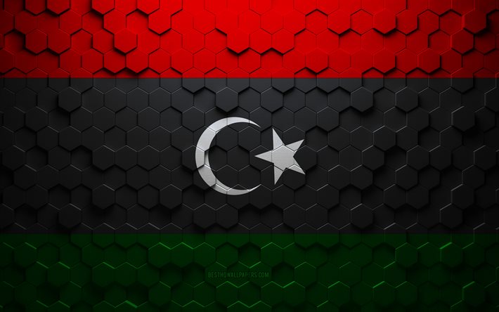Bandiera della Libia, arte a nido d&#39;ape, bandiera di esagoni di Libia, Libia, arte di esagoni 3d, bandiera della Libia