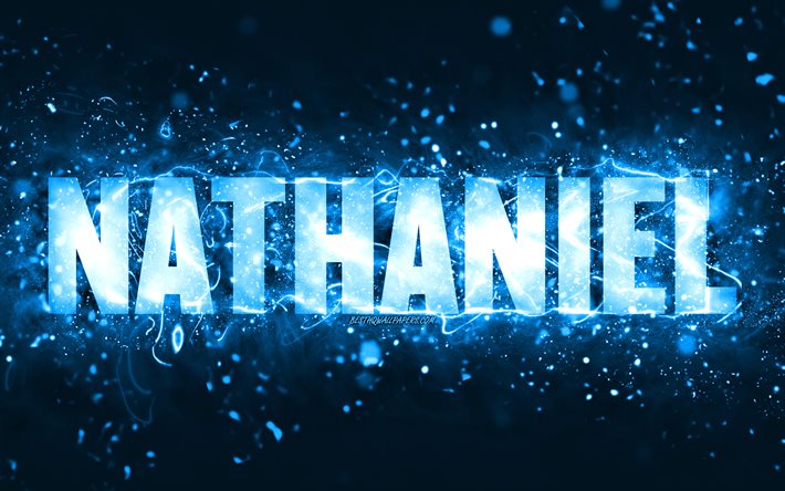 Buon compleanno Nathaniel, 4k, luci al neon blu, nome Nathaniel, creativo, buon compleanno Nathaniel, compleanno Nathaniel, nomi maschili americani popolari, foto con nome Nathaniel, Nathaniel