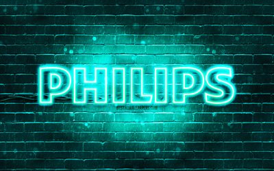 Philips turkuaz logo, 4k, turkuaz tuğla duvar, Philips logosu, markalar, Philips neon logo, Philips