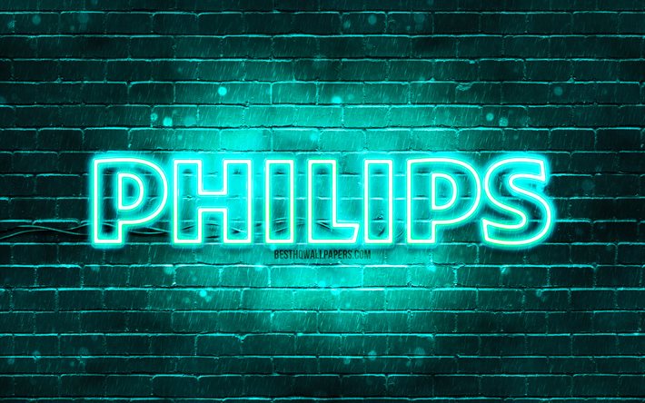 Philips turkuaz logo, 4k, turkuaz tuğla duvar, Philips logosu, markalar, Philips neon logo, Philips