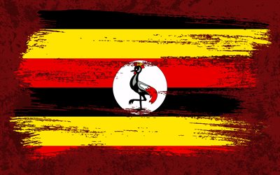 4k, Flag of Uganda, grunge flags, African countries, national symbols, brush stroke, Ugandan flag, grunge art, Uganda flag, Africa, Uganda