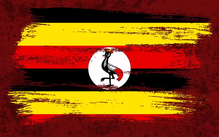 4k, Flag of Uganda, grunge flags, African countries, national symbols, brush stroke, Ugandan flag, grunge art, Uganda flag, Africa, Uganda