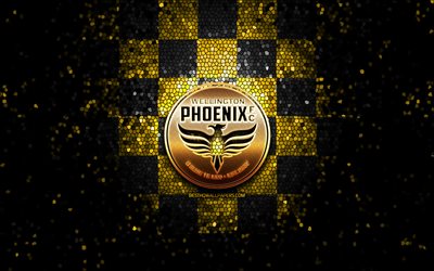 wellington phoenix fc, glitzer-logo, a-league, gelb-schwarz karierter hintergrund, fu&#223;ball, australischer fu&#223;ballverein, wellington phoenix-logo, australien, mosaikkunst, wellington phoenix