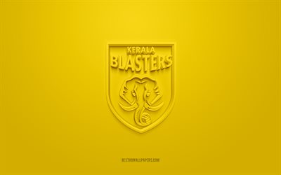 Kerala Blasters FC, kreativ 3D-logotyp, gul bakgrund, 3d-emblem, indisk fotbollsklubb, Indian Super League, Kerala, Indien, 3d-konst, fotboll, Kerala Blasters FC 3d-logotyp