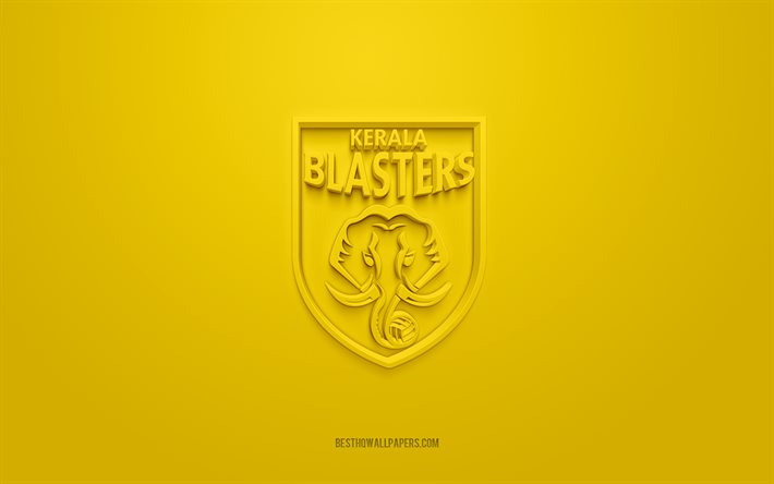 Kerala Blasters FC, logo 3D cr&#233;atif, fond jaune, embl&#232;me 3d, club de football indien, Super League indienne, Kerala, Inde, art 3d, football, logo 3d du Kerala Blasters FC
