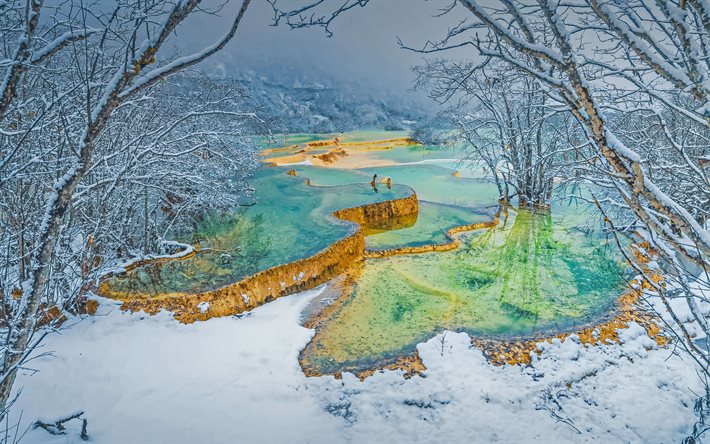 Huanglong, colorful travertine pools, Yellow Dragon Gully, Bonsai Pond, Winter, Huanglong Terraces, Huanglong Scenic and Historic Interest Area, Sichuan, China