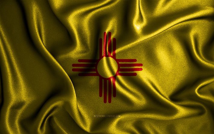 New Mexico flag, 4k, silk wavy flags, american states, USA, Flag of New Mexico, fabric flags, 3D art, New Mexico, United States of America, New Mexico 3D flag, US states