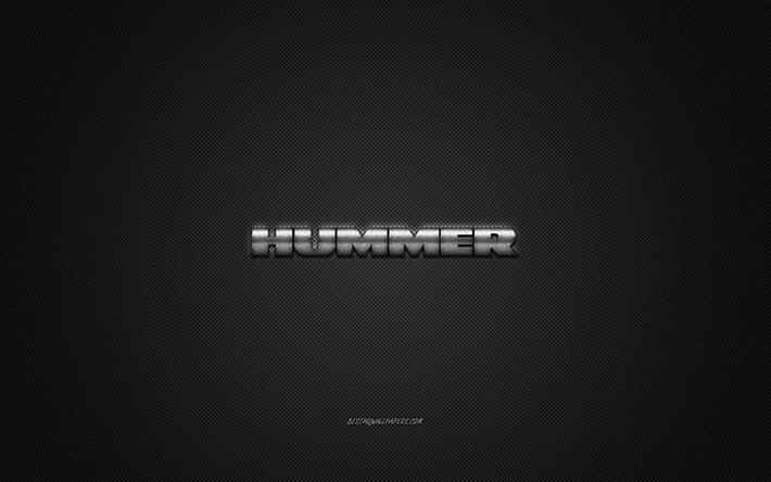 Hummer logo, silver logo, gray carbon fiber background, Hummer metal emblem, Hummer, cars brands, creative art