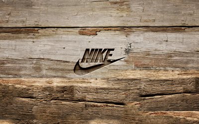Logo en bois Nike, 4K, arri&#232;re-plans en bois, marques, logo Nike, cr&#233;atif, sculpture sur bois, Nike