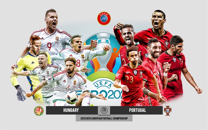 Unkari vs Portugali, UEFA Euro 2020, Esikatselu, mainosmateriaalit, jalkapalloilijat, Euro 2020, jalkapallo-ottelu, Unkarin jalkapallomaajoukkue, Portugalin jalkapallomaajoukkue