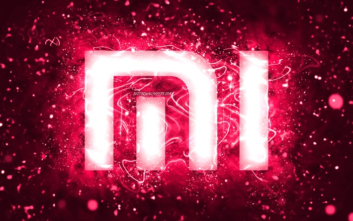 Xiaomi-vaaleanpunainen logo, 4k, vaaleanpunaiset neonvalot, luova, vaaleanpunainen abstrakti tausta, Xiaomi-logo, tuotemerkit, Xiaomi