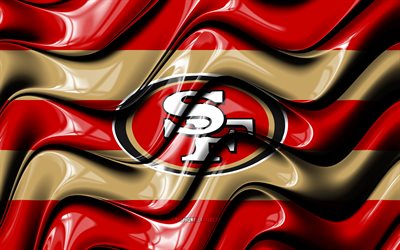 Bandiera San Francisco 49ers, 4k, onde 3D rosse e marroni, NFL, squadra di football americano, logo San Francisco 49ers, football americano, San Francisco 49ers