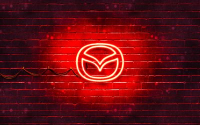 Mazda red logo, 4k, red brickwall, Mazda logo, cars brands, Mazda neon logo, Mazda