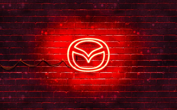 Mazda r&#246;d logotyp, 4k, r&#246;d brickwall, Mazda logotyp, bilm&#228;rken, Mazda neon logotyp, Mazda