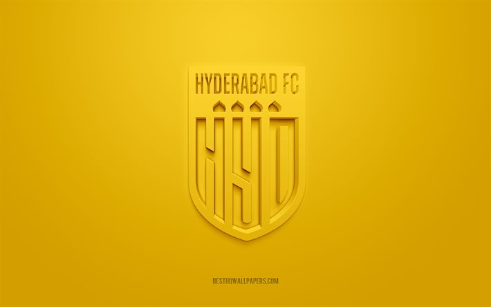 Hyderabad FC, logo 3D cr&#233;atif, fond jaune, embl&#232;me 3d, club de football indien, Super League indienne, Hyderabad, Inde, art 3d, football, logo 3d Hyderabad FC