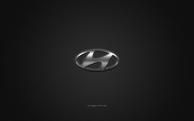 Logo Hyundai, logo argento, sfondo grigio in fibra di carbonio, emblema in metallo Hyundai, Hyundai, marchi di automobili, arte creativa