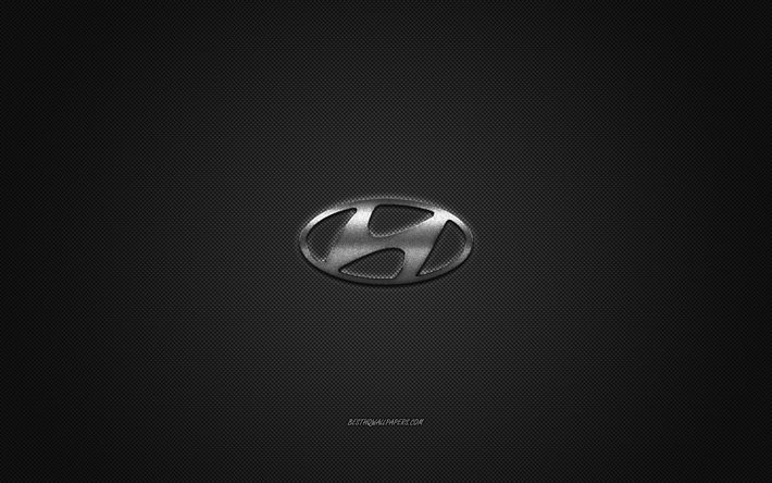 Logo Hyundai, logo argento, sfondo grigio in fibra di carbonio, emblema in metallo Hyundai, Hyundai, marchi di automobili, arte creativa