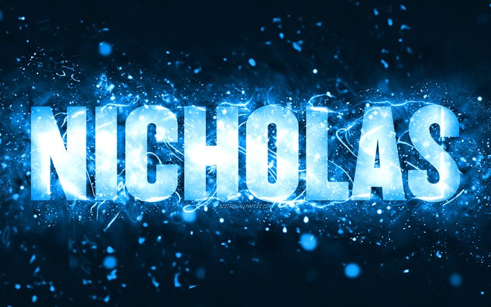 Buon compleanno Nicholas, 4k, luci al neon blu, nome Nicholas, creativo, buon compleanno Nicholas, compleanno Nicholas, famosi nomi maschili americani, foto con il nome Nicholas, Nicholas