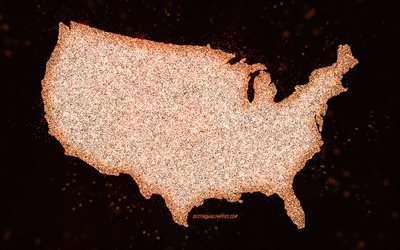 USA glitter map, black background, USA map, orange glitter art, Map of USA, creative art, USA orange map, USA