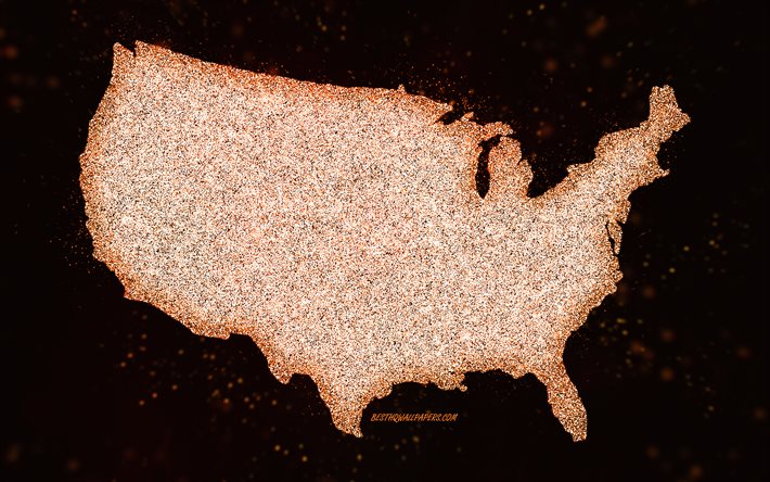 Mapa de brilho dos EUA, fundo preto, Mapa dos EUA, arte com glitter em laranja, arte criativa, Mapa de laranja dos EUA, EUA