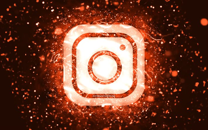 Instagram turuncu logosu, 4k, turuncu neon ışıklar, yaratıcı, turuncu arka plan, Instagram logosu, sosyal ağ, Instagram