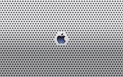 Apple blue logo, creative, metal grid background, Apple metal logo, Apple 3D logo, artwork, Apple