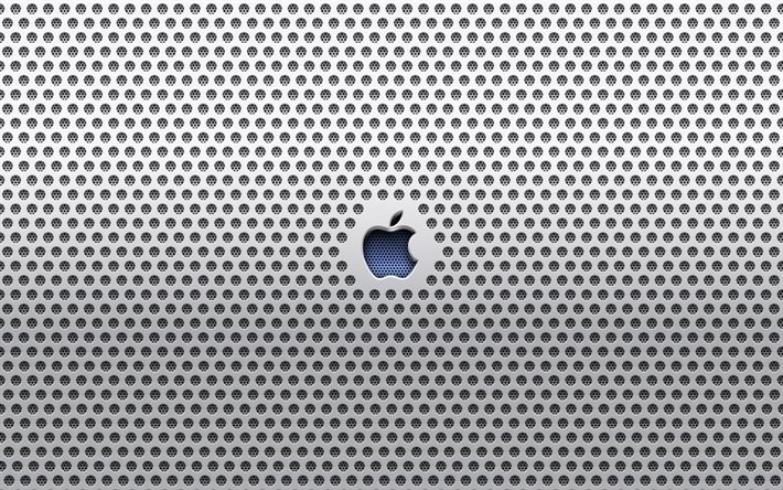 apple blaues logo, kreativ, metallgitterhintergrund, apple metalllogo, apple 3d logo, grafik, apple