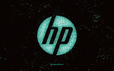 Logotipo com glitter HP, fundo preto, logotipo HP, arte glitter turquesa, HP, arte criativa, logotipo glitter turquesa HP, logotipo Hewlett-Packard