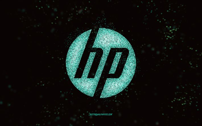 hp glitzer-logo, schwarzer hintergrund, hp-logo, t&#252;rkisfarbene glitzer-kunst, hp, kreative kunst, hp t&#252;rkisfarbenes glitzer-logo, hewlett-packard-logo