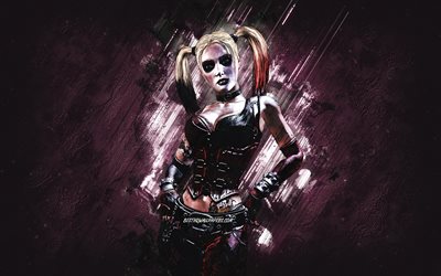 Harley Quinn, Batman Arkham City, fond de pierre pourpre, art grunge, personnages de Harley Quinn, Harley Quinn Arkham