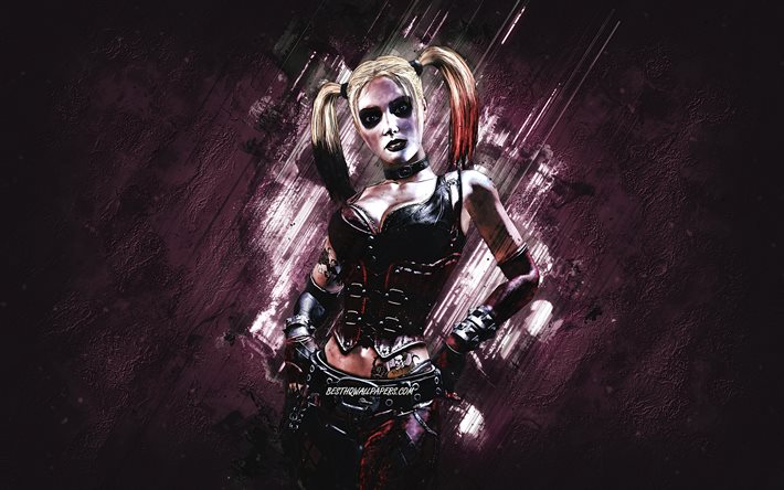 Harley Quinn, Batman Arkham City, mor taş arka plan, grunge sanat, Harley Quinn karakterleri, Harley Quinn Arkham