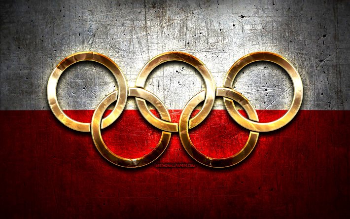 Polish olympic team, golden olympic rings, Poland at the Olympics, creative, Polish flag, metal background, Poland Olympic Team, flag of Poland