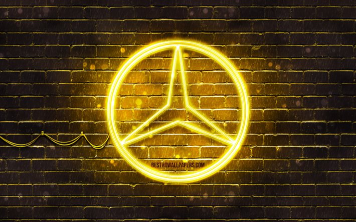Mercedes-Benz keltainen logo, 4k, keltainen tiilisein&#228;, Mercedes-Benz-logo, automerkit, Mercedes-logo, Mercedes-Benz neon-logo, Mercedes-Benz