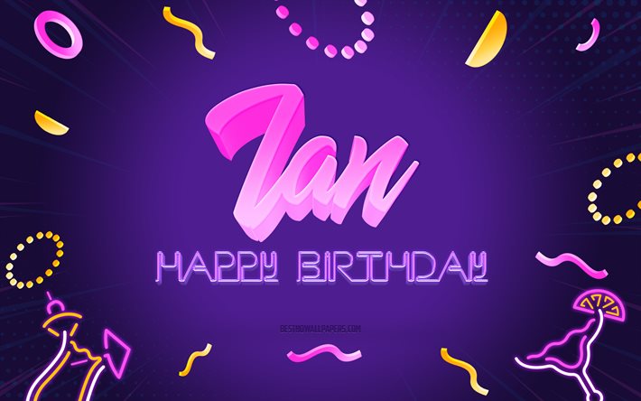 Joyeux anniversaire Ian, 4k, fond de f&#234;te pourpre, Ian, art cr&#233;atif, joyeux anniversaire de Ian, nom de Ian, anniversaire de Ian, fond de f&#234;te d&#39;anniversaire