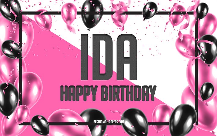 Joyeux anniversaire Ida, fond de ballons d&#39;anniversaire, Ida, fonds d&#39;&#233;cran avec des noms, Ida joyeux anniversaire, fond d&#39;anniversaire de ballons roses, carte de voeux, anniversaire de Ida