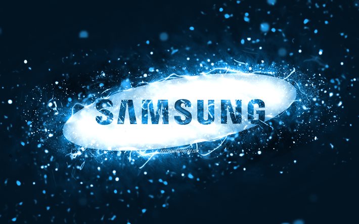 Samsung bl&#229; logotyp, 4k, bl&#229; neonljus, kreativ, bl&#229; abstrakt bakgrund, Samsung logotyp, varum&#228;rken, Samsung