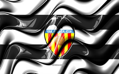 Valencian lippu, 4k, mustavalkoiset 3D-aallot, LaLiga, espanjalainen jalkapalloseura, Valencia FC, jalkapallo, Valencian logo, La Liga, Valencia CF