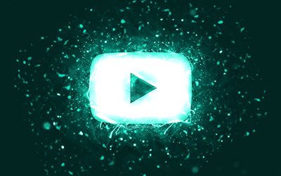 Youtube logo turquoise, 4k, n&#233;ons turquoise, r&#233;seau social, cr&#233;atif, fond abstrait turquoise, logo Youtube, Youtube