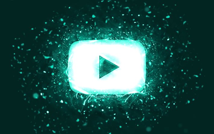 Youtube turkuaz logosu, 4k, turkuaz neon ışıkları, sosyal ağ, yaratıcı, turkuaz arka plan, Youtube logosu, Youtube