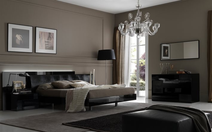 elegant sovrumsinredning, klassisk stil, svarta m&#246;bler i sovrummet, bruna v&#228;ggar i sovrummet, sovrum i klassisk stil, modern inredning, ljuskrona med ljusstakar