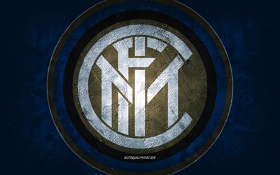Inter Milan, italienska fotbollslag, bl&#229; bakgrund, Inter Milan-logotyp, grunge konst, Serie A, fotboll, Italien, Inter Milan emblem